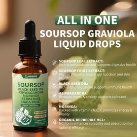 HEERB Soursop Bitters Liquid Drops Extract Organic Graviola Fruit & Leaf with Black Seed Oil Ashwagandha Moringa Bitters for Digestion Immune Health Liver Cell Support Antioxidant,2 Fl Oz 60ML