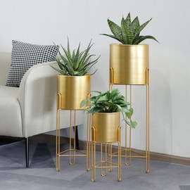 TRIROCKS Set of 3 Planters With Stand Indoor Outdoor Gold Planters For Indoor Plants 29 &18 &12" Tall Morden Planters Flower Pots For Living Room Corner Kitchen Office Garden Balcony Patio Decor(Gold)