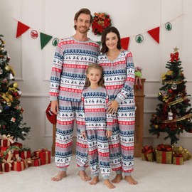 Miyanuby Family Christmas Pajamas Matching Sets Womens Mens Couple Kids Pjs Long Sleeve Xmas Allover Patterned Sleepwear Holiday Party Lounge Sets Grey
