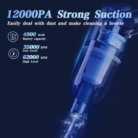 Ecoflick Handheld Car Vacuum Portable Cordless, 4 in 1 Mini Vacuum Cleaner High Power, 12000Pa Suction, Air Duster, 4000mAh, 80W Brushless Motor, Multi-Nozzles for Car, Home, Office & Pet Cleaning