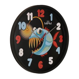 MPM Quality Design Children's Plastic Wall Clock, Made in EU, Black/Colourful, Fish Motif, Quartz Clock, Modern Wall Decoration, Round Children's Clock, Diameter 250 x 20 mm, for Children's Room,