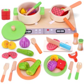TGTT Kinderküche Zubehör Holz, Spielküche Zubehör, Holzspielzeug Inklusive Topfset Küchenspielzeug und Obst zum Schneiden, Kinderküche Rollenspiele Jungen und Mädchen Geschenke 3 Jahre