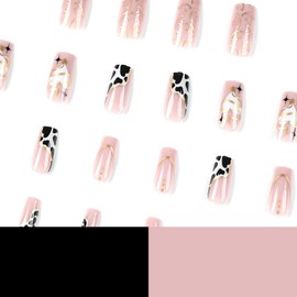 Press on Nails Medium Square Shapes 24Pcs Glossy Full Cover Artificial Pink Fake Nails with Gold Snake Line Designs Reusable Coffin Acrylic Fall False Nails Glue on Fingernails with Charm for Women