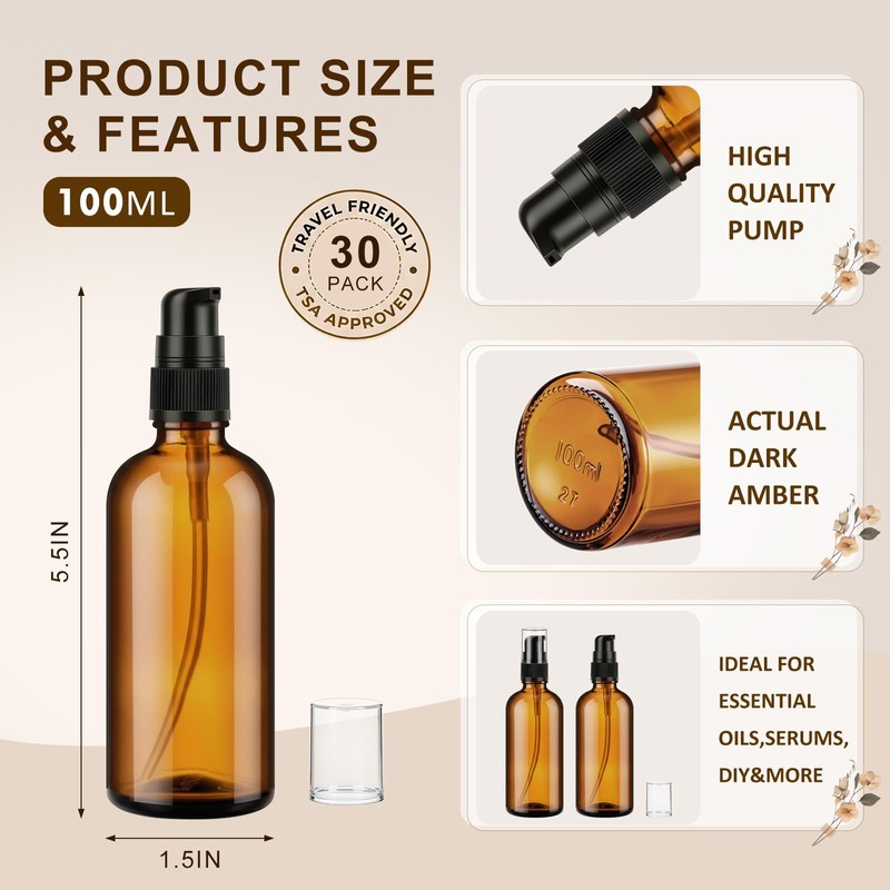 30 Pack Empty Refillable Glass Pump Bottles, 100ml /3.4oz, Amber