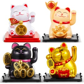 Wovnet 4 Pcs 2" Lucky Cat Waving Arm Maneki Neko Solar Lucky Cat Feng Shui Fortune Wealth Chinese Welcoming Window Car Dashboard Car Decor(Classic)