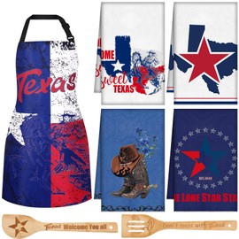 Teenyyou Texas Souvenirs Gifts Texas Kitchen Set Include 1 Texas Apron 4 Bluebonnets Kitchen Towels 2 Wooden Spoons Texas Kitchen Decorations Texas Gifts for Women Housewarming Gift Family Reunion