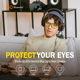 Bloomoak-Blue Light Blocking Glasses-Amber Gaming Glasses For Big Head-Anti Glare for Better Sleep for Screens, TVs, Phones (Yellow - 65% - AL-MG Frame)