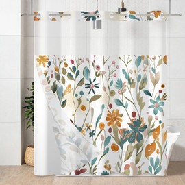 GKLEASG No Hook Shower Curtain with Snap in Liner, Colorful Flower Floral Heavy Duty See Through Window Waterproof Machine Washable Bathroom Curtain 71" W x 74" L (Pack of 1)