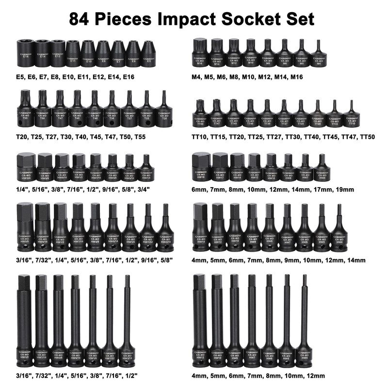 CASOMAN 84 Pieces 3/8" Dr. Master Hex & Torx Bit