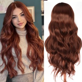 PORSMEER Long Wavy Wigs for Women, Synthetic Curly Hair Wigs, Natural Looking, Heat-Resistant Fibre, Reddish Brown Wigs, Centre Parting for Women, 26 Inches