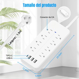 FANDBO 12 en 1 Regleta Multicontacto Extension USB, con 8 Salidas CA y 4 Puertos USB (1 USB C), Enchufe/Conector Multiple, 1.5M Extension Electrica, para Dormitorio, Casa, Dorm, Oficin (Blanco)