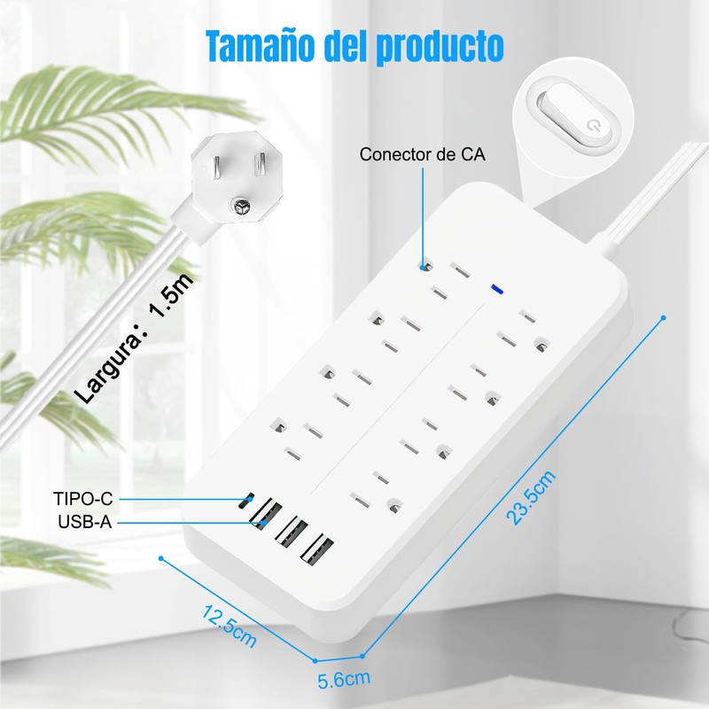 FANDBO 12 en 1 Regleta Multicontacto Extension USB, con 8