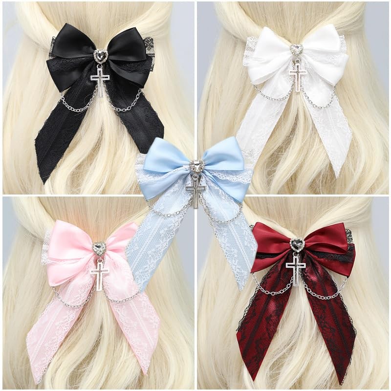ロリータ リボン ヘアクリップ 蝶結び レース髪飾りクロス チャーム付き ゴスロリ ヘアピン コスプレヘッドドレス 地雷系
