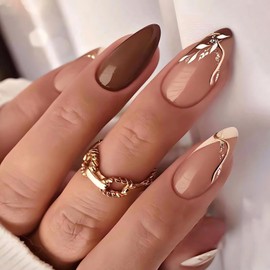 MISUD Fall Press on Nails Medium Almond Fake Nails Glossy Glue on Stiletto Nails Brown White French Tip Acrylic Nails Autumn Leaf Artificial Nails Bling Glitter Line False Nails with Design 24 pcs