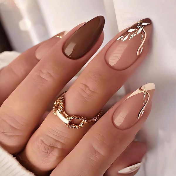 MISUD Fall Press on Nails Medium Almond Fake Nails Glossy
