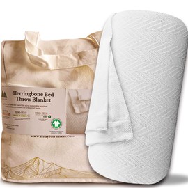 Mayfair Linen Knitted Geometric Herringbone Pattern Handwoven Blanket 100% Long Staple Cotton - Soft & Cozy Thermal All Season Throw for Bed Couch Chair Outdoors (King/Cal King, White)