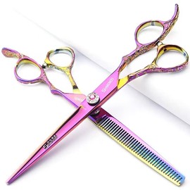 6/7 Inch Professional Hairdressing Scissors Haircut Rose Pattern Hairdressing Scissors Styling Tools Japanese Stainless Steel Scissors Set (7 Inch 2pc-A)