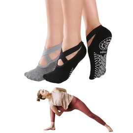 JaYouhe Women's Non-Slip Yoga Socks, Anti-Skid Pilates, Barre & Ballet Socks, UK 2.5-6.5, 2 Pack Cotton Workout Socks