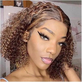 Bob Wigs Human Hair 13 x 4 Deep Curly Lace Front Wigs Human Hair for Women Short Lace Front Wigs Human Hair Pre Plucked Natural Hairline Blonde Ombre 4/27 Highlight Colour (14 Inches)