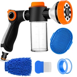 Upgrade Pup Jet Dog Wash for Outdoor, Dog Shampoo Hose Attachment with Soap Dispenser, Dog Wash Hose Attachment with Pet Bath Brush Car Wash Mitt and Dog Comb for Showering Pet (Hose Not Include)