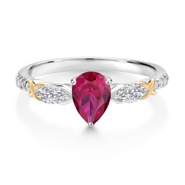 Gem Stone King 1.29 Cttw Red Created Ruby and White Lab Grown Diamond Engagement Ring | 925 Silver and 10K Yellow Gold | Pear Shape 7X5MM and Marquise Cut 5X2.5MM | Available in Size 5,6,7,8,9