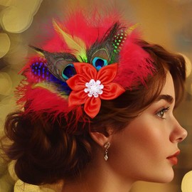 Yokawe 1920s Peacock Feather Hair Clip Flapper Fascinator Blue Hair Accessories for Women (Red)