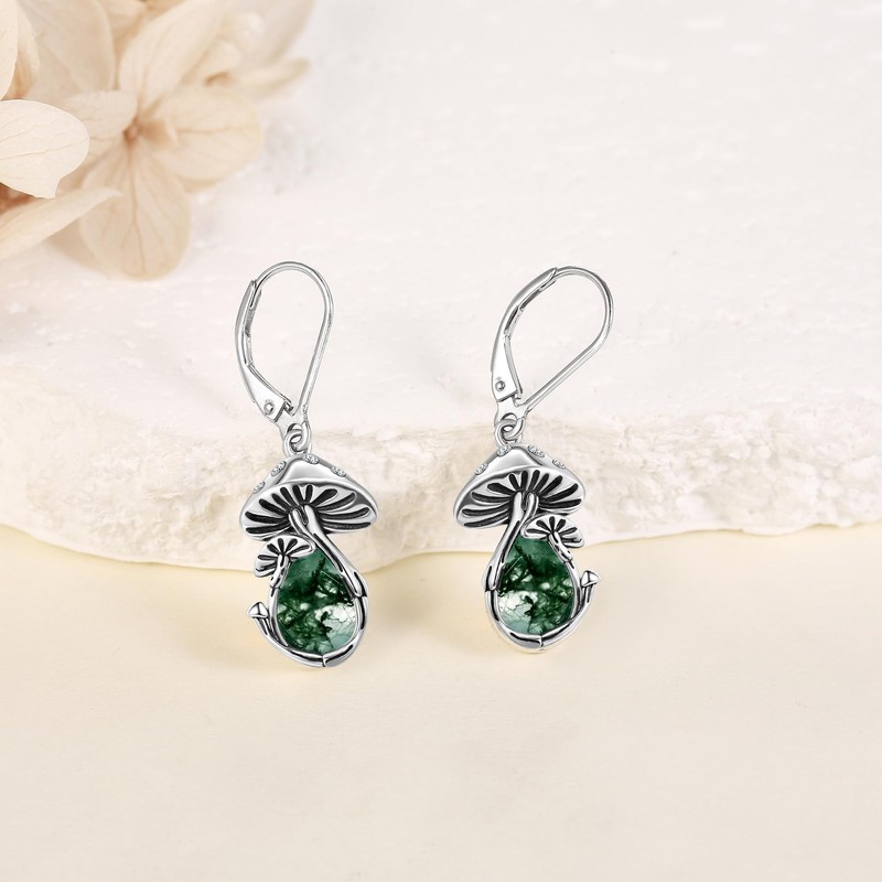 Mushroom Earrings Sterling Silver Moonstone/Moss Agate Mushroom Dangle Earrings Mushroom
