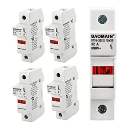 Baomain Paquete de 5 portafusibles cilíndricos RT18-32(X) 10 x 38mm Base de fusible de un solo polo 35mm Montaje en riel DIN 32A 690V AC con luz indicadora UR y Certificado CE