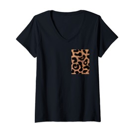Womens Vintage Leopard Printed Pocket V-Neck T-Shirt