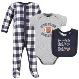Hudson Baby Unisex Baby Cotton Sleep and Play, Bodysuit and Bandana Bib Set, Football Huddles, Newborn