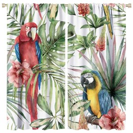 Parrot Window Curtain Tropical Palm Leaf Colorful Macaw Bird Watercolor Decor Window Drapes for Living Room Kitchen Bedroom 2 Panels 42x45in