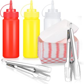 105 Pcs Hot Dog Accessories, 100 Pcs Disposable Paper Food Tray 3 Pcs 12 oz Plastic Squeeze Bottle 2 Stainless Steel Cooking Tongs Hot Dog Trays Food Serving Boat for BBQ Party Picnic