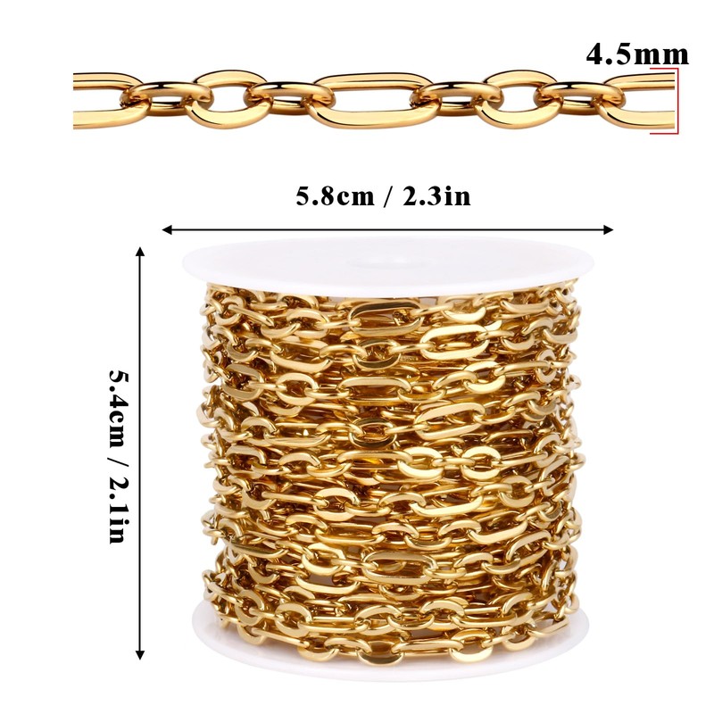 16.5FT 18K Gold PVD Plated Paperclip Jewelry Chain Roll, 4.5MM