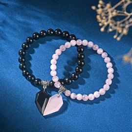 Tegembur Matching Heart Couple Bracelets Long Distance Relationship Anniversary Stretch Bracelet 6mm 8mm Rose Quartz Black Obsidian Beaded Stone Bracelet Jewelry for Women Men
