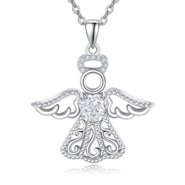 TANGPOET Guardian Angel Necklace Women's 925 Sterling Silver Angel Wings Chain Heart Birthstone Zirconia Angel Jewellery Gifts for Women Girls Daughter, Sterling Silver