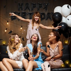 Charnoel Black Happy Birthday Balloons Decorations Happy Birthday Letter Balloons Banner Set with 24pcs Flameless LED Candles and 2000pcs Artificial Rose Petals for Women Men Room Party Decor