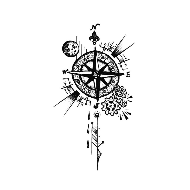 Oottati 2 Sheet Steampunk Compass Small Tiny Temporary Tattoo for