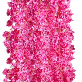ASTRYAS Artificial Cherry Flower Vines, 8Pcs Cherry Blossom Garland Hanging Silk Artificial Flowers Faux Sakura Garland for Wedding Garden Arch Wall Home Party Decor(Hot Pink)
