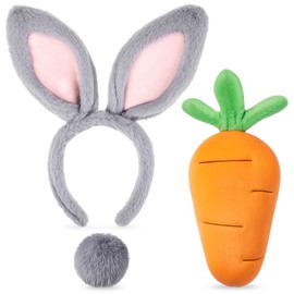 Crowye Bunny Rabbit Costume Set Bunny Ear Headband Cosplay Bunny Tail and Carrot Plush Toy Plush for Adult Easter Party Favor(Grey)