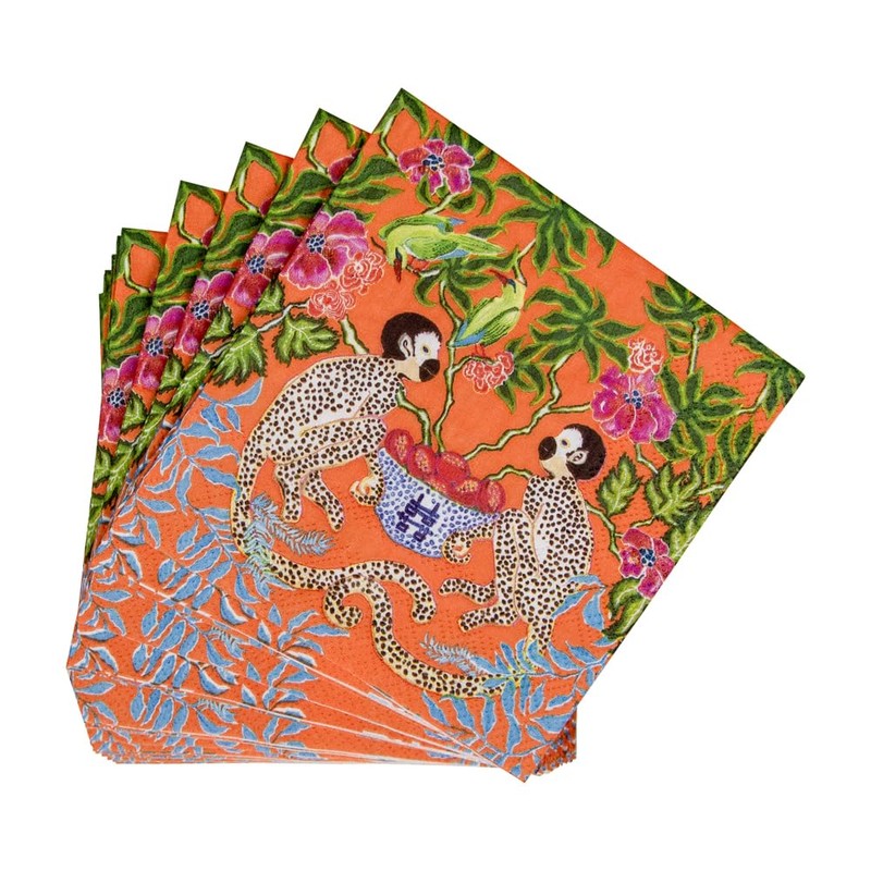 Caspari Monkeys Paper Cocktail Napkins in Orange - 20 Per