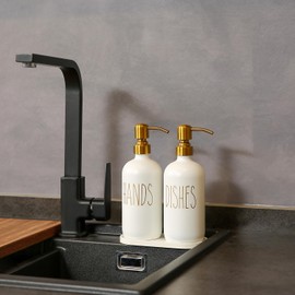 MOMEEMO Kitchen Soap Dispenser Set, Glass Soap Dispenser with Stainless Steel Pump, Contains Dish Soap Dispenser, Hand Soap Dispenser, and Tray Suitable for Kitchen Counter Decor. (White)