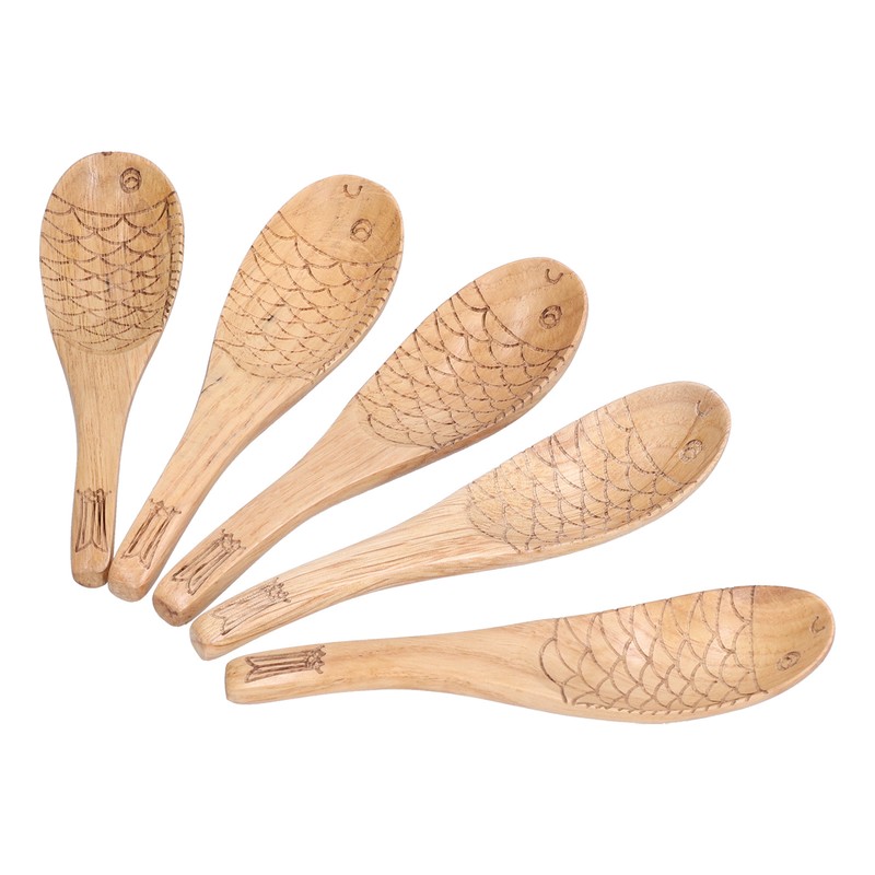 5Pcs Soup Spoon Fish Shaped Carved Wooden Rice Spoon Kitchen