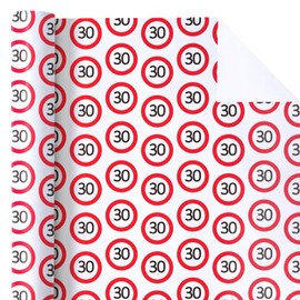 WRAPAHOLIC 30th Wrapping Paper Roll - Mini Roll - 17 Inch x 9.8 Feet - 30th Red Circle Design, Perfect for Women Men 30th Birthday