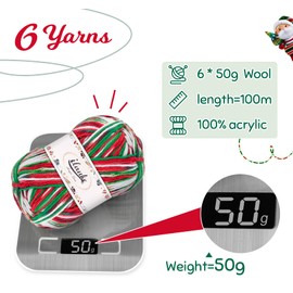 Crochet Yarn 6x50g, Knitting Wool Yarn 4-ply, Acrylic Yarn with Carrying Bag, Christmas Wool Packs for Xmas Gift Dolls DIY Crafts Blanket, Red&Green&White