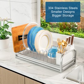 YEYPOP Dish Drying Rack for Small Kitchen Counter, 304 Stainless Steel Small Dish Rack w Utensil Holder & Tray for Limited Space, Rustproof Narrow Dish Rack for Pot & Pan, Plate, Lid (Silvery)