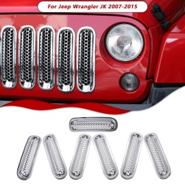 Savadi-Car 7pcs Front Grille Insert Mesh Cover Trim Kit Chrome For Jeep Wrangler JK 2007-15