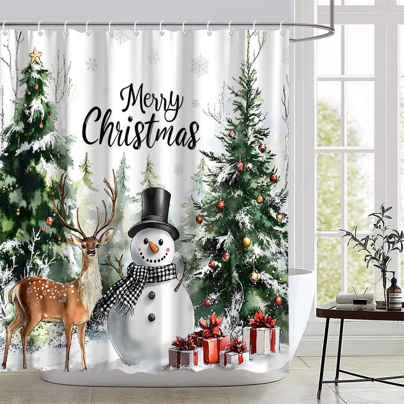 MZYZAF Farmhouse Christmas Forest Shower Curtain Winter Snowman, 70X70Inch
