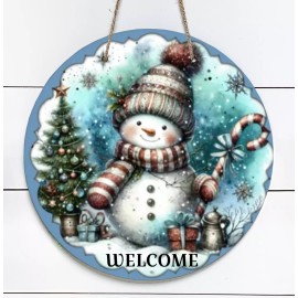 Handmade Snowman Welcome 10" Metal Round Door Sign