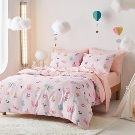 Freyamy Children's Bed Linen 135 x 200 cm 2-Piece Pink Colourful Butterfly Flower Reversible Bed Linen Brushed Microfibre Children's Bed Linen Girls Duvet Cover with Zip and Pillowcase 80 x 80 cm