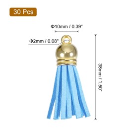 HARFINGTON 30 Piezas de Borlas de Cuero de 1.5 Pulgadas con Capuchón Dorado para Hacer Llaveros, Pulseras y Joyería Artesanal, Color Azul Cielo